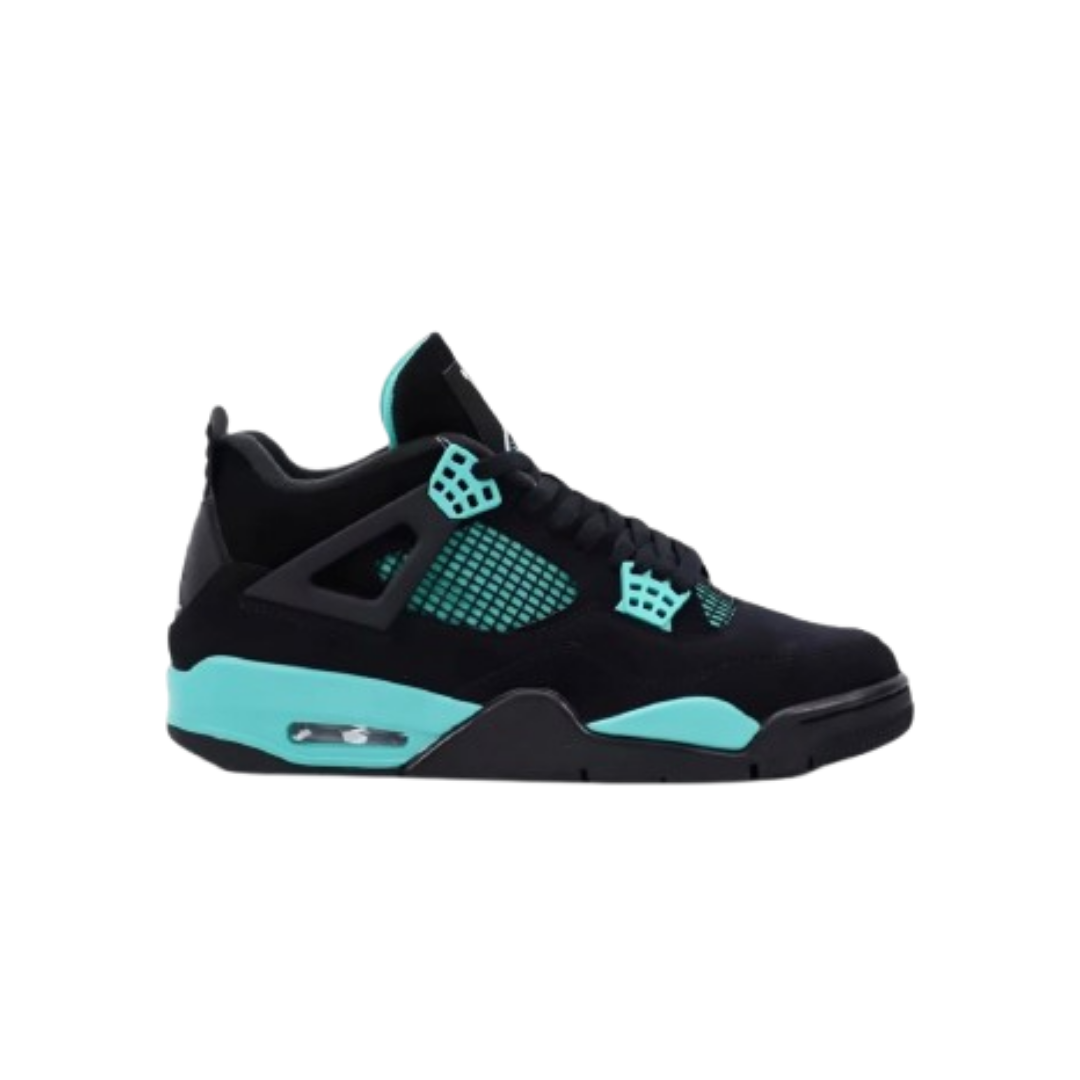 Air Jordan 4 sneaker in a black and "Tiffany" green
